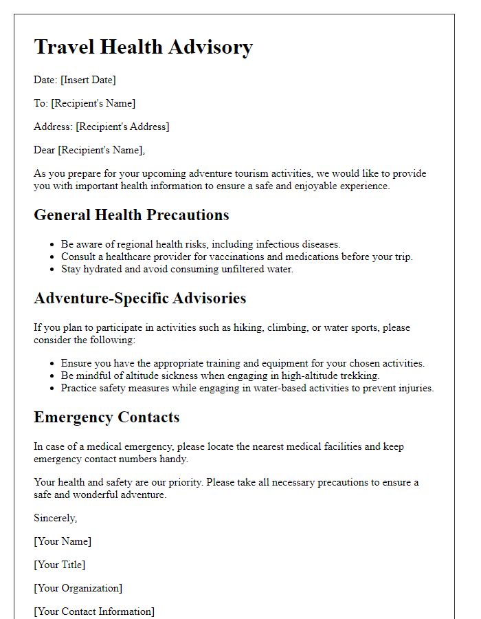 Letter template of travel health advisory for adventure tourism.