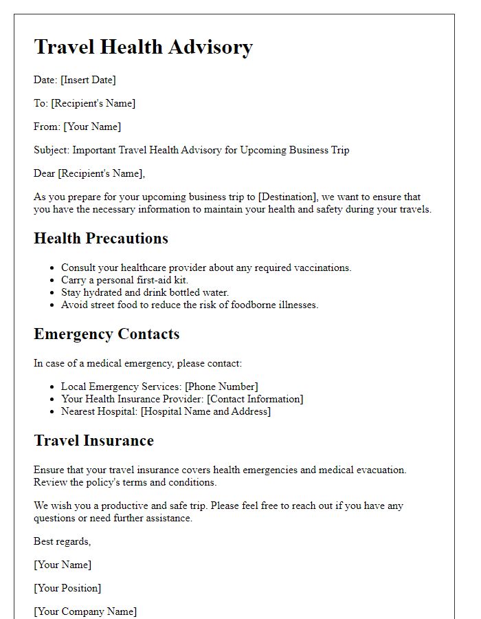 Letter template of travel health advisory for business travelers.