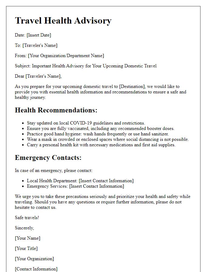 Letter template of travel health advisory for domestic travel.