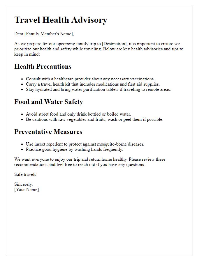 Letter template of travel health advisory for family trips.