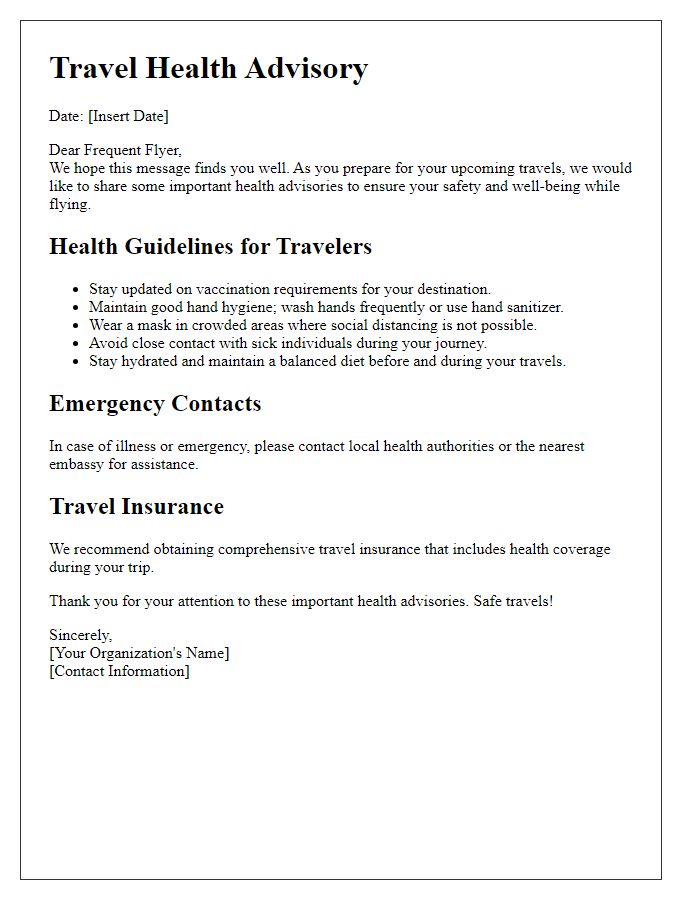 Letter template of travel health advisory for frequent flyers.