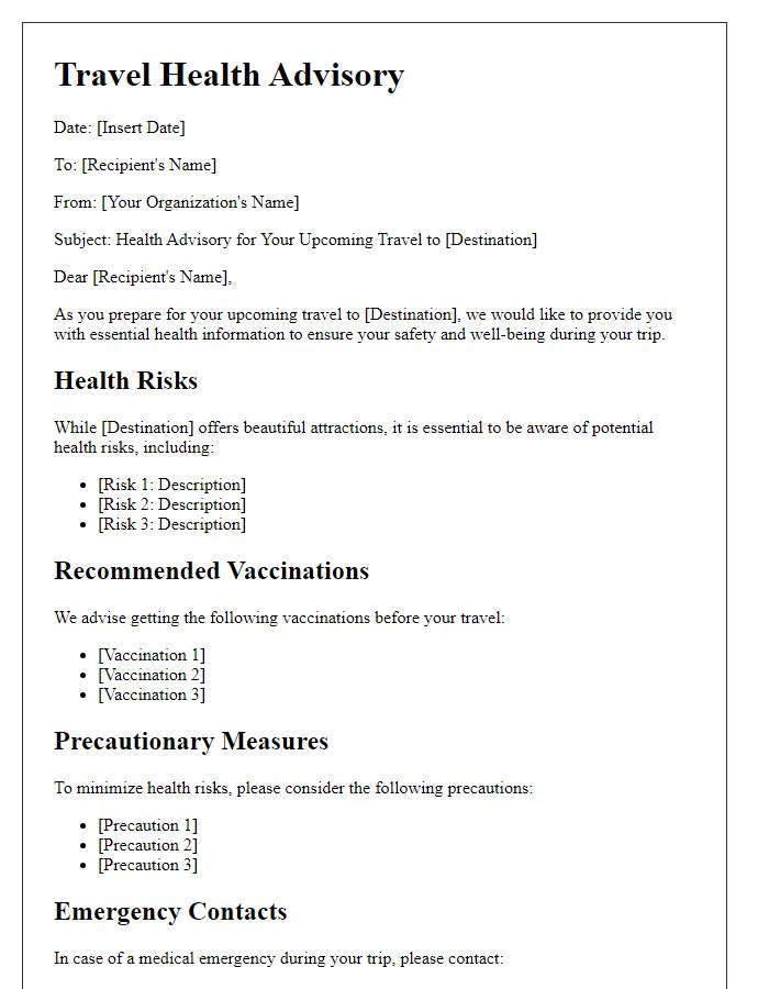 Letter template of travel health advisory for international destinations.