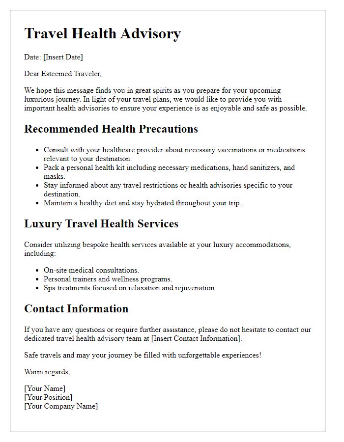 Letter template of travel health advisory for luxury travelers.