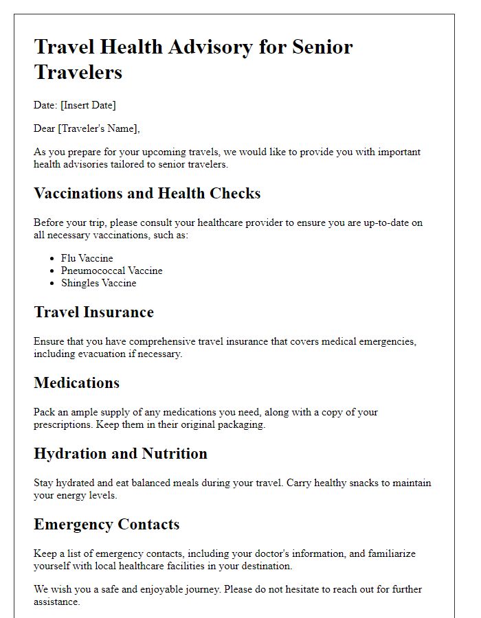 Letter template of travel health advisory for senior travelers.