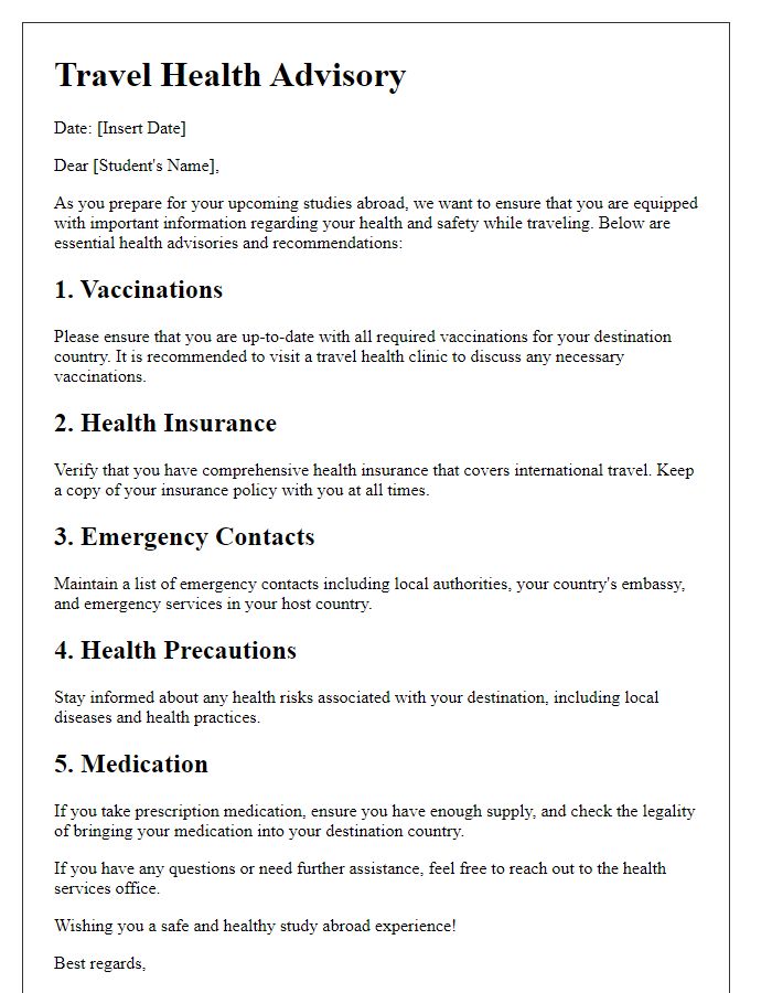 Letter template of travel health advisory for students studying abroad.