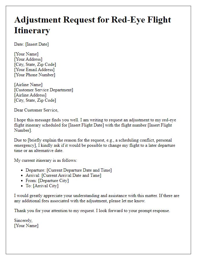 Letter template of adjustment request for red-eye flight itinerary