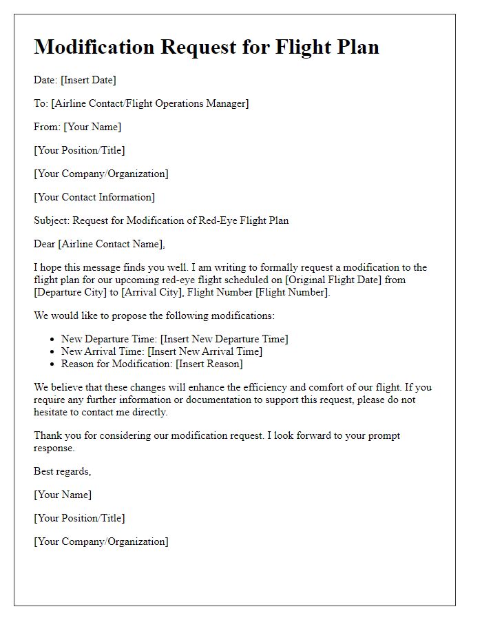 Letter template of modification request for red-eye flight plan