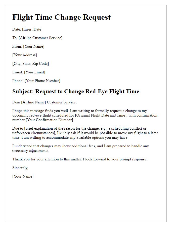 Letter template of red-eye flight time change request