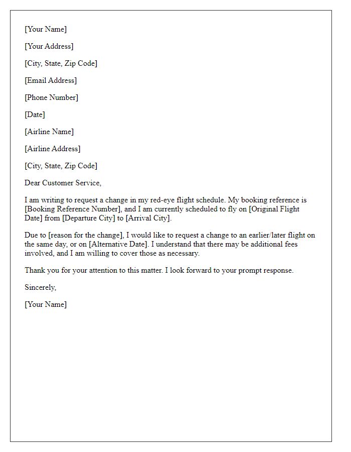 Letter template of request to change red-eye flight schedule