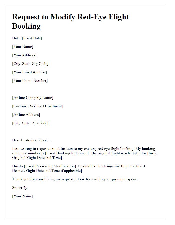 Letter template of request to modify red-eye flight booking