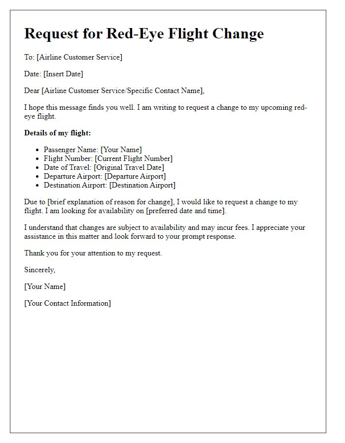 Letter template of request for red-eye flight change