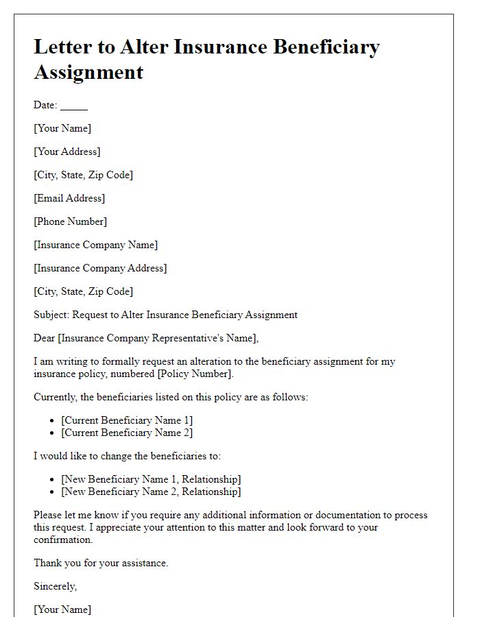 Letter template of altering insurance beneficiary assignment