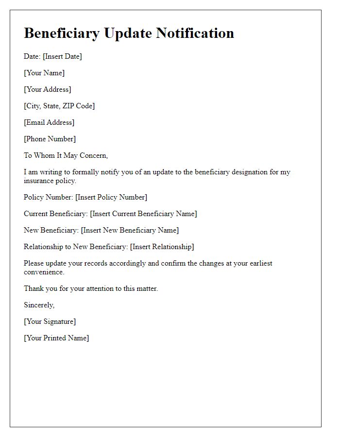 Letter template of beneficiary update for insurance policy