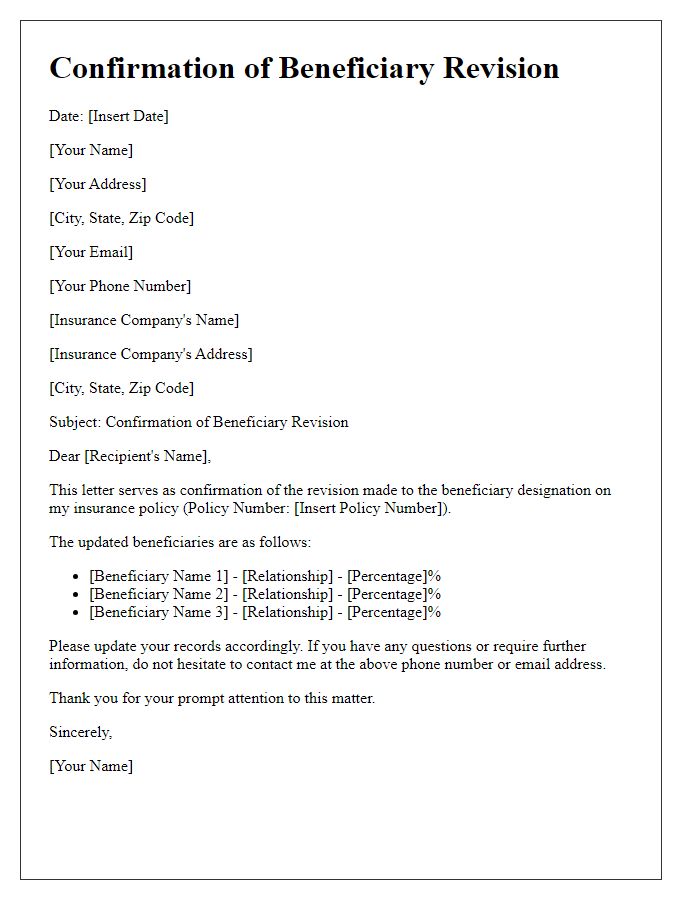 Letter template of confirmation for insurance beneficiary revision