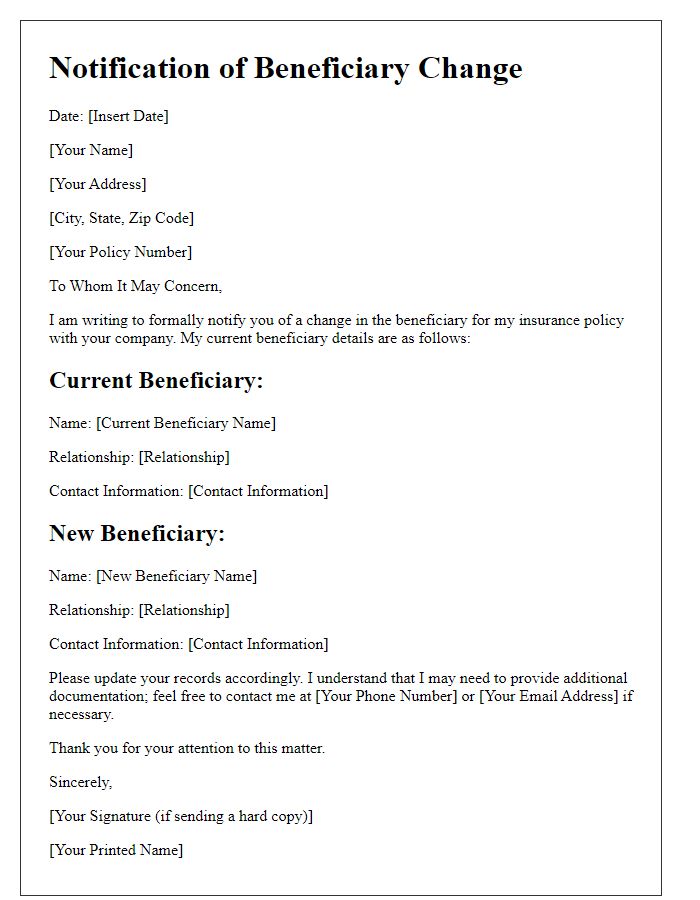 Letter template of notifying insurance company of beneficiary change