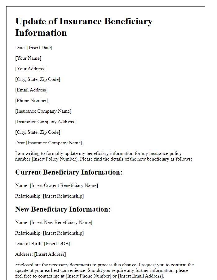 Letter template of updating insurance beneficiary information