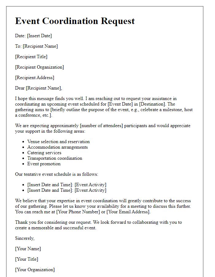 Letter template of event coordination request for a destination gathering