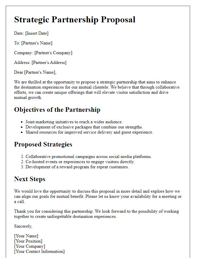 Letter template of strategic partnership outline for destination experiences