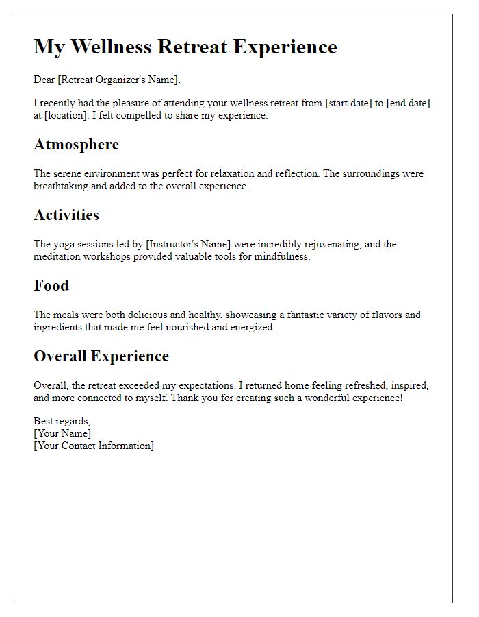 Letter template of wellness retreat experience review