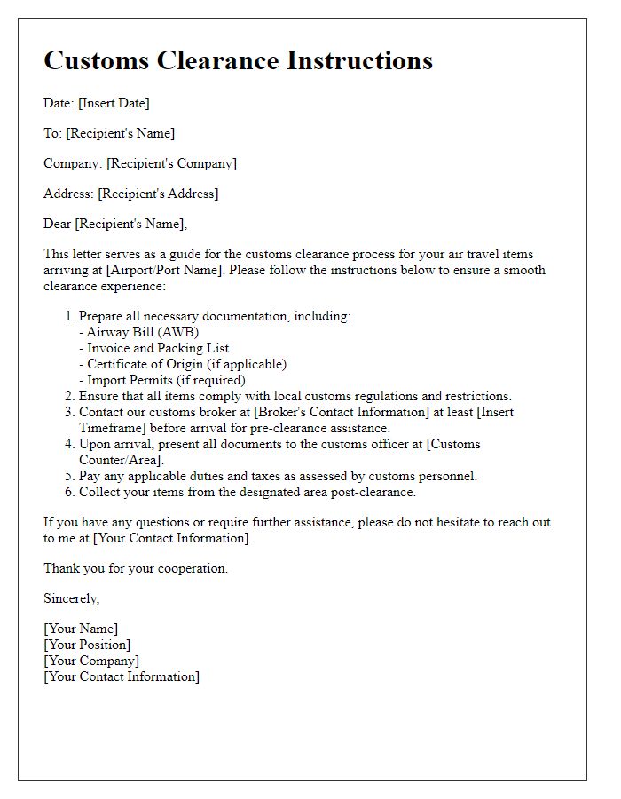 Letter template of customs clearance instructions for air travel