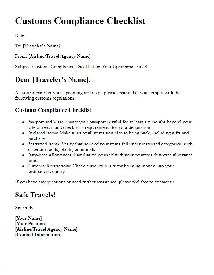 Letter template of customs compliance checklist for air travelers