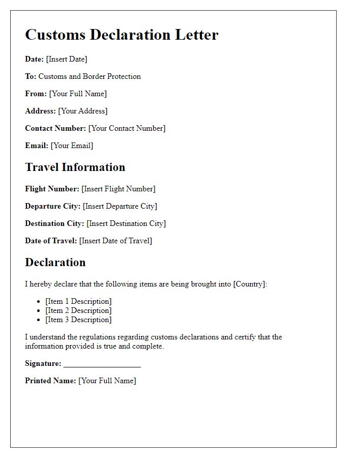 Letter template of customs declaration for international flight travelers