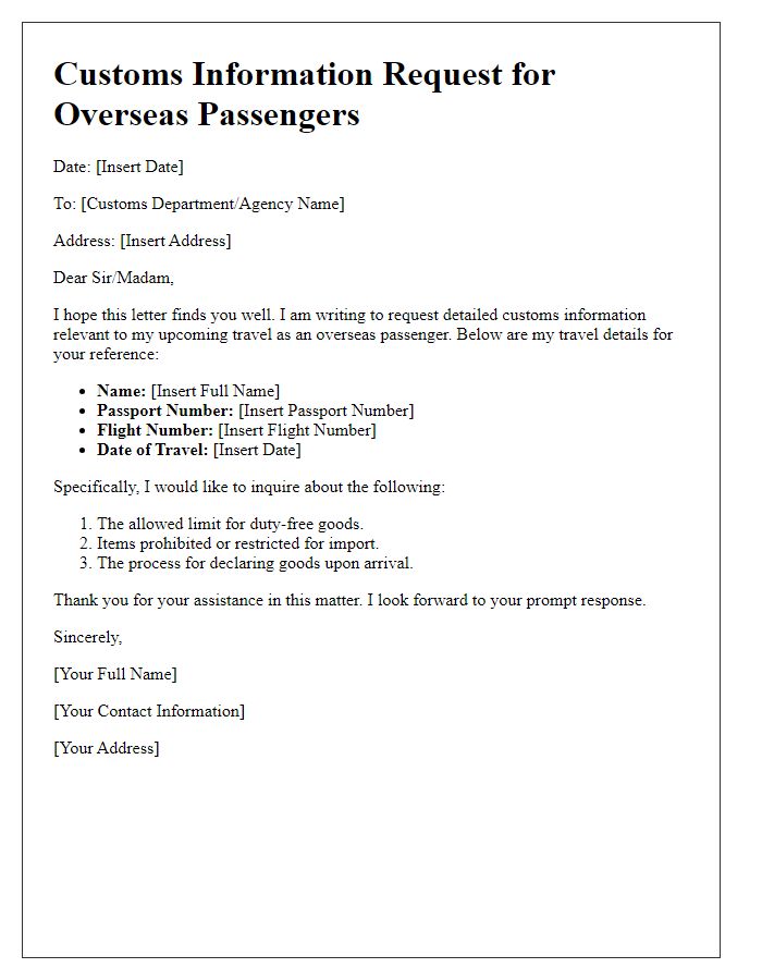 Letter template of customs information request for overseas passengers