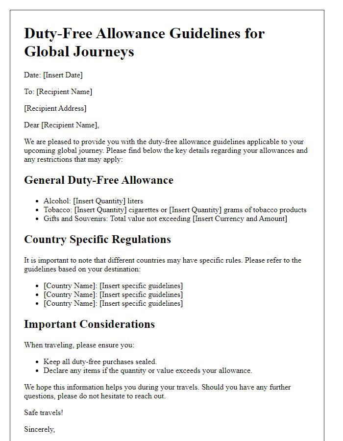 Letter template of duty-free allowance guidelines for global journeys