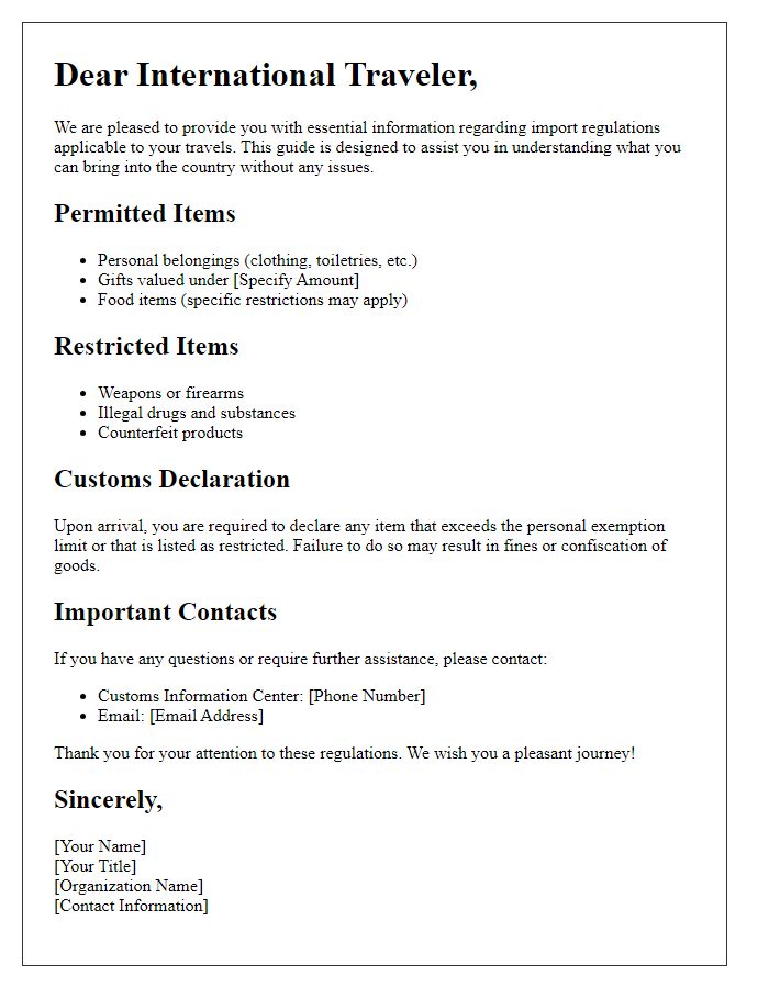 Letter template of import regulations guide for international travelers