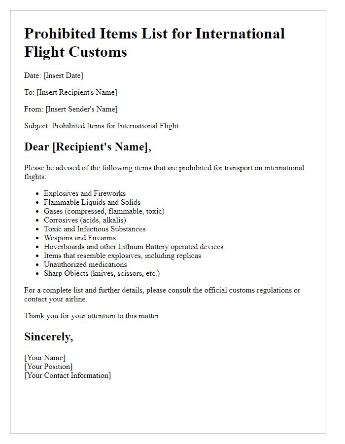 Letter template of prohibited items list for international flight customs