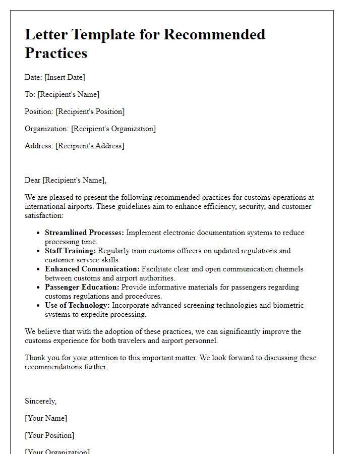 Letter template of recommended practices for customs at international airports