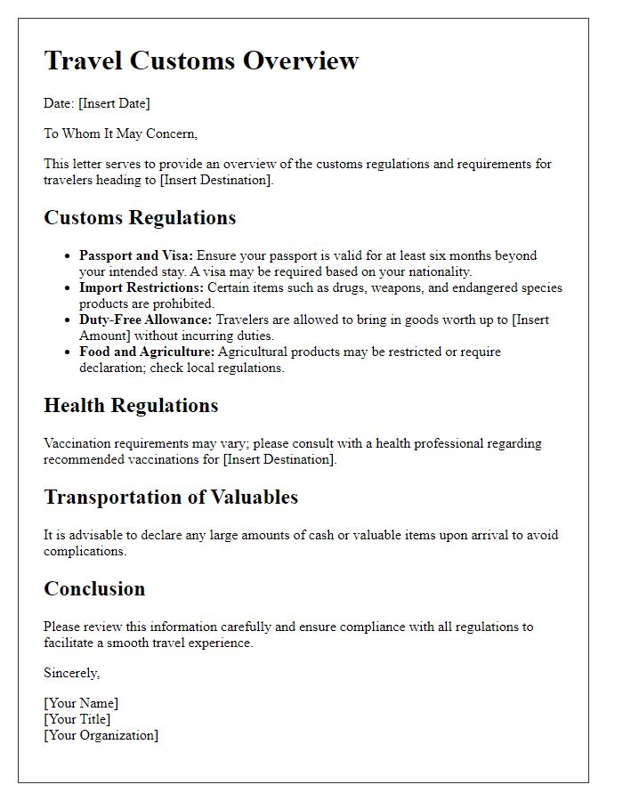 Letter template of travel customs overview for foreign destinations