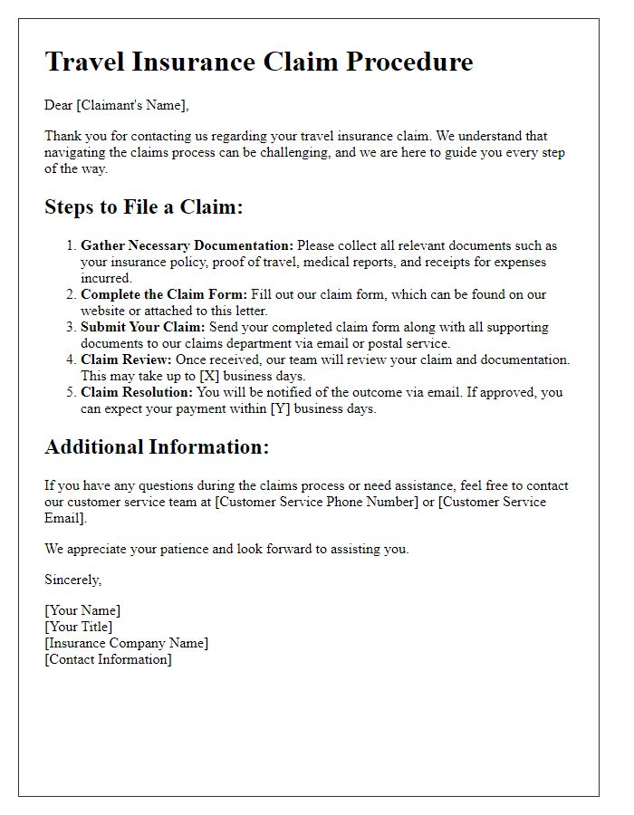 Letter template of travel insurance claim procedure explanation