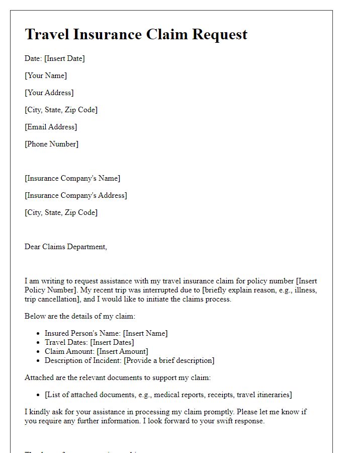 Letter template of travel insurance claim request assistance