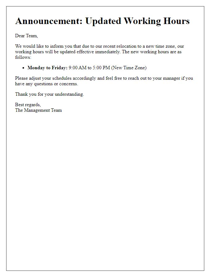 Letter template of announcement for updated working hours due to time zone relocation
