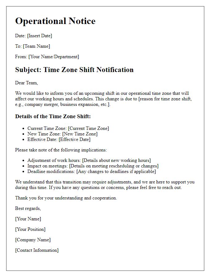 Letter template of operational notice for teams affected by time zone shift