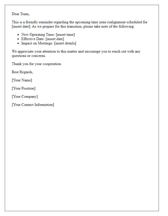 Letter template of reminder for upcoming time zone realignment