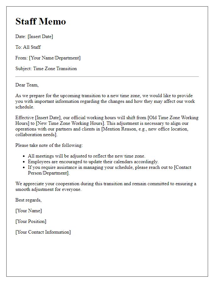 Letter template of staff memo about time zone transition