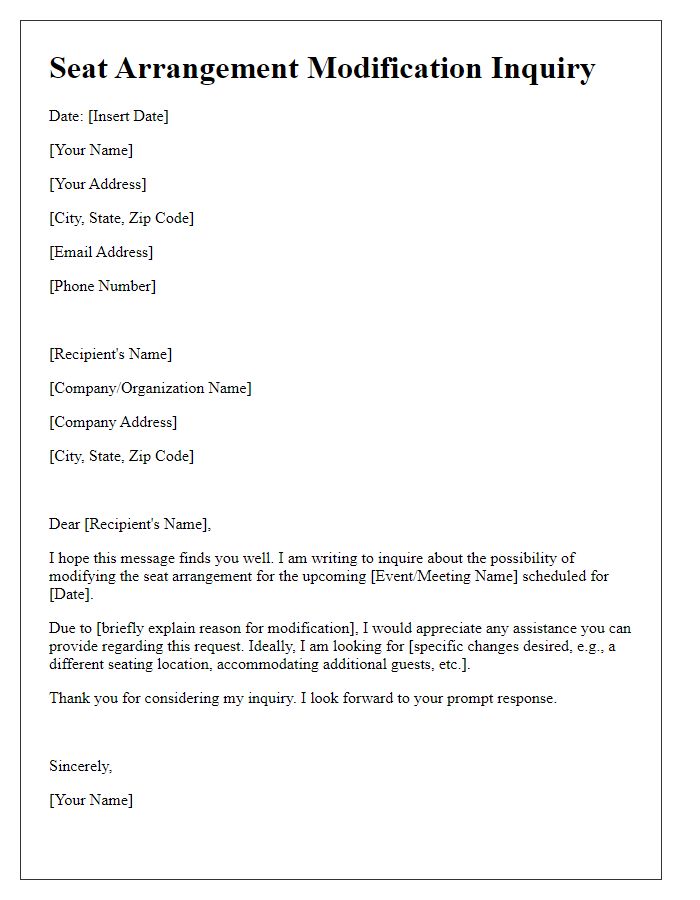 Letter template of seat arrangement modification inquiry