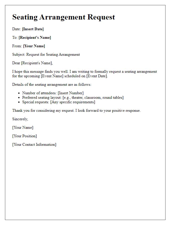 Letter template of seating arrangement request form