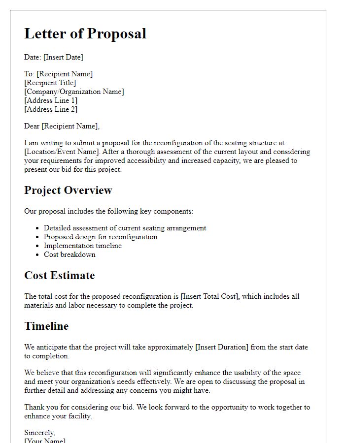 Letter template of seating structure reconfiguration bid