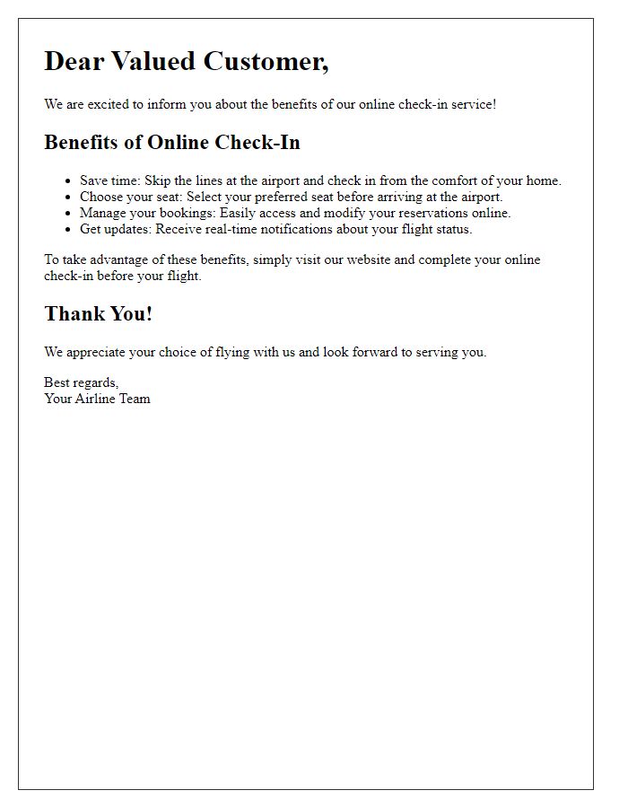 Letter template of online check-in benefits for customers.