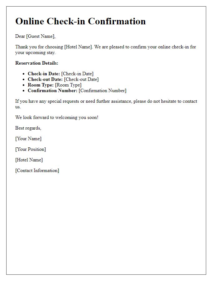 Letter template of online check-in confirmation for guests.