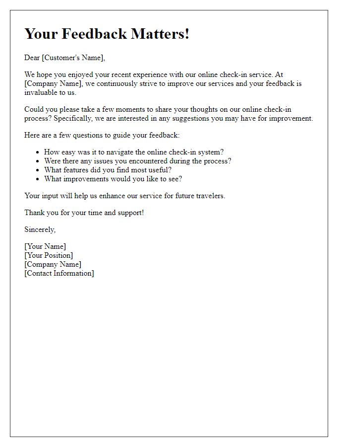 Letter template of online check-in feedback request for improvements.