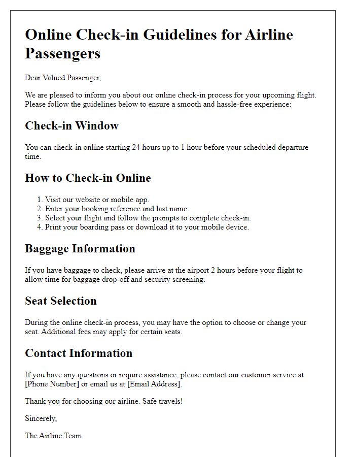 Letter template of online check-in guidelines for airline passengers.