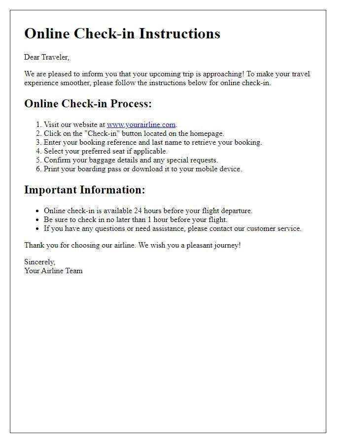 Letter template of online check-in instructions for travelers.