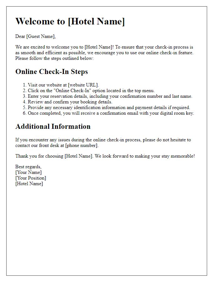 Letter template of online check-in procedures for hotel stays.