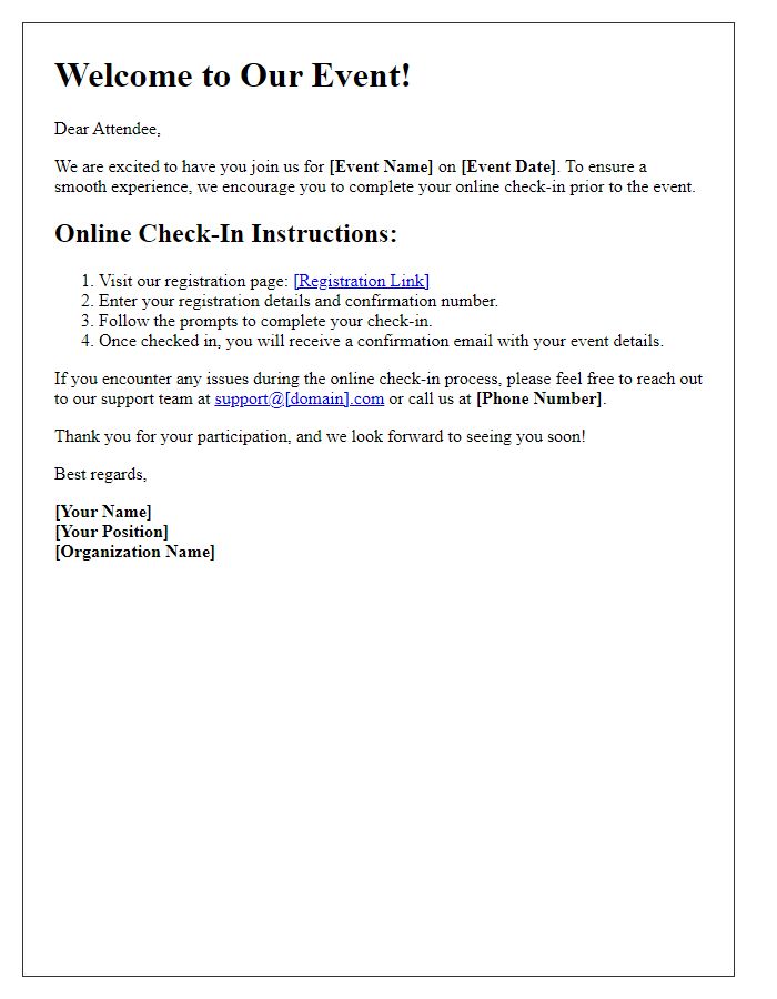 Letter template of online check-in support for event attendees.