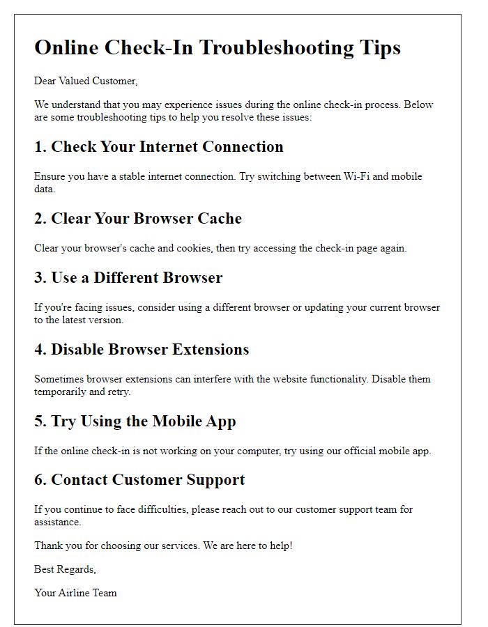 Letter template of online check-in troubleshooting tips for users.