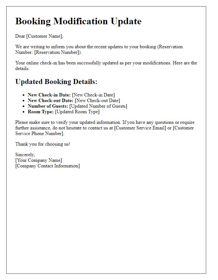 Letter template of online check-in updates for booking modifications.